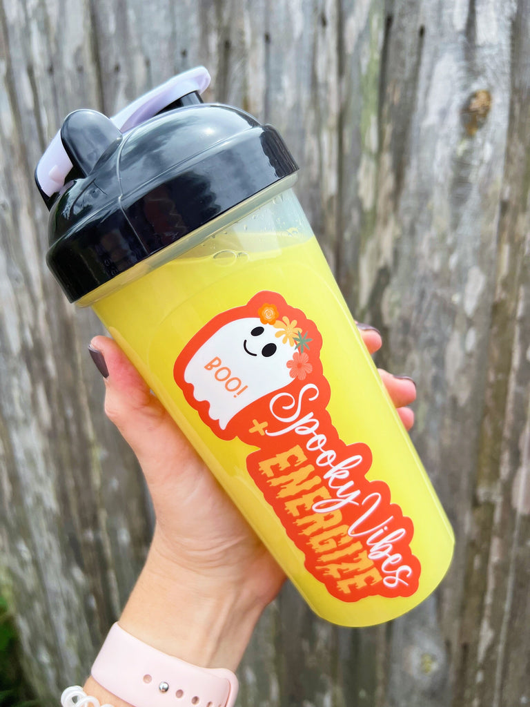 Spooky Vibes & Energize Full Color Sticker - Halloween Fall 2023-- for Cold Cup, Shaker Bottle, Mega Mug or Sticker Only- Cute Ghost boo