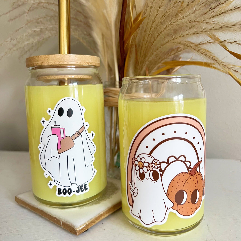 Basic Ghoul/ BOOJEE Babe Cute Ghost Cup - Boho Cute Full color Sticker - Sticker Only or Cup Options - Smiley Face Cute Halloween Fall 2023