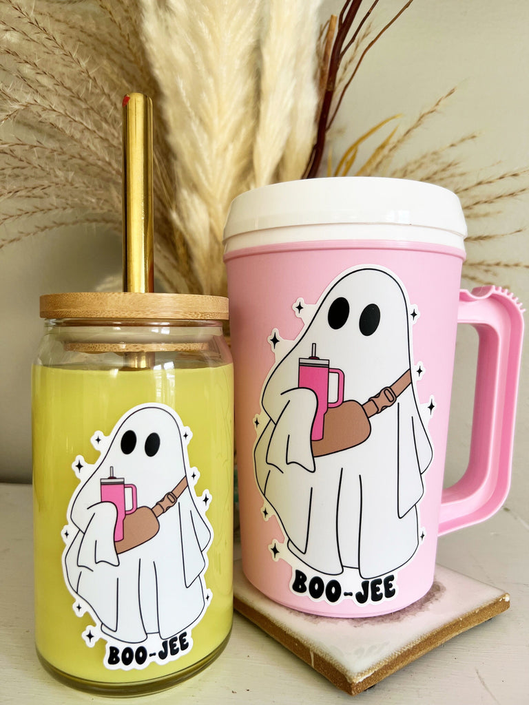 Basic Ghoul/ BOOJEE Babe Cute Ghost Cup - Boho Cute Full color Sticker - Sticker Only or Cup Options - Smiley Face Cute Halloween Fall 2023