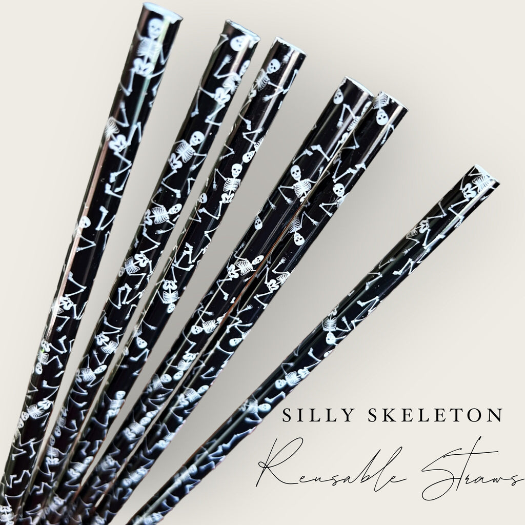 Silly Skeleton Dancing Bones Black White Fall Reusable Straws 10 inches long - Cold Cup Straw- Halloween - Libbey Glass Straw-- Spooky