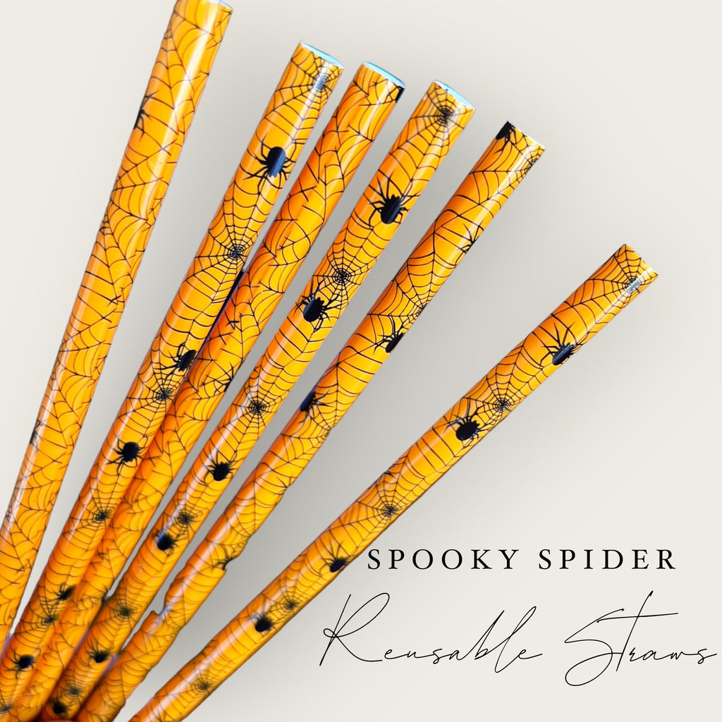 Spooky Spider- Black Orange Fall Reusable Straws 10 inches long - Cold Cup Straw- Halloween - Libbey Glass Straw-- Spooky