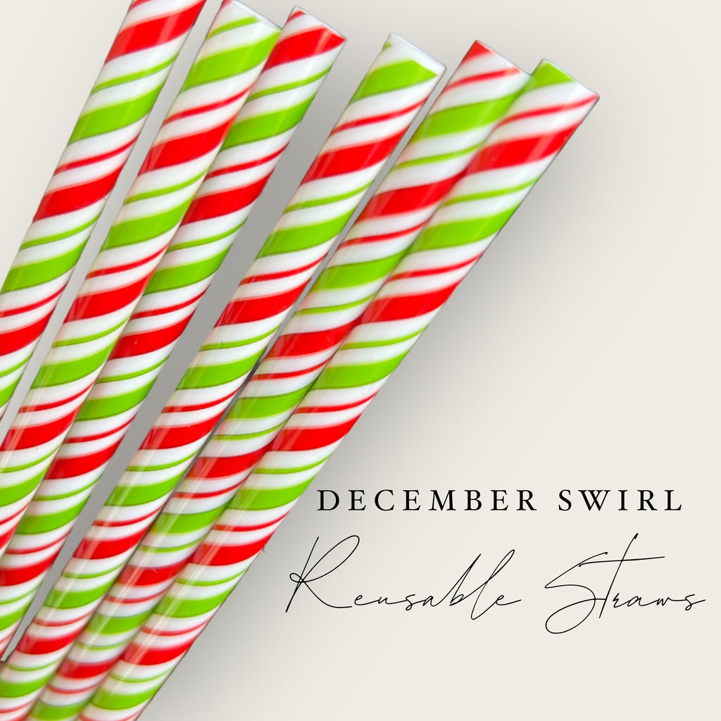 December Swirl Reusable Straw Red White Green swirl- 9 inches long - Cold Cup Straw- Christmas Straw Holidays Candy Cane Stripe