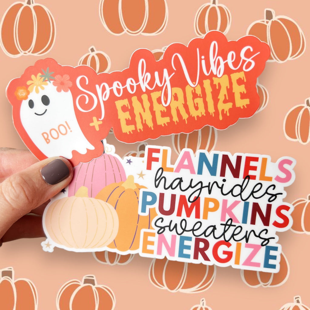 Spooky Vibes & Energize Full Color Sticker - Halloween Fall 2023-- for Cold Cup, Shaker Bottle, Mega Mug or Sticker Only- Cute Ghost boo