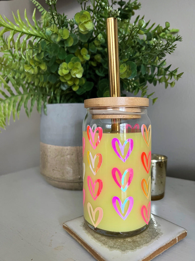 Holographic Heart Print Glass Can - Bamboo Lid & Gold Straw Optional - Beer Can Glass - Libbey 16oz Glass - valentines galentines