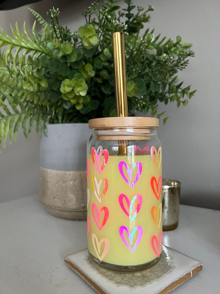 Holographic Heart Print Glass Can - Bamboo Lid & Gold Straw Optional - Beer Can Glass - Libbey 16oz Glass - valentines galentines