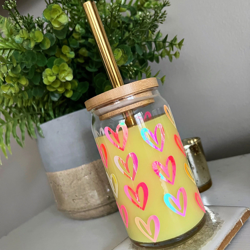 Holographic Heart Print Glass Can - Bamboo Lid & Gold Straw Optional - Beer Can Glass - Libbey 16oz Glass - valentines galentines